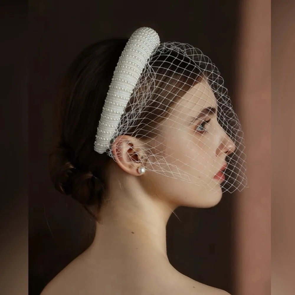 French Netting Birdcage Headband Veil with Pearl
